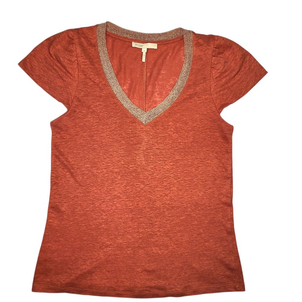 100% Linen Maje Orange Metallic Trim V-Neck Top Sz Small Casual Chic Minimalist